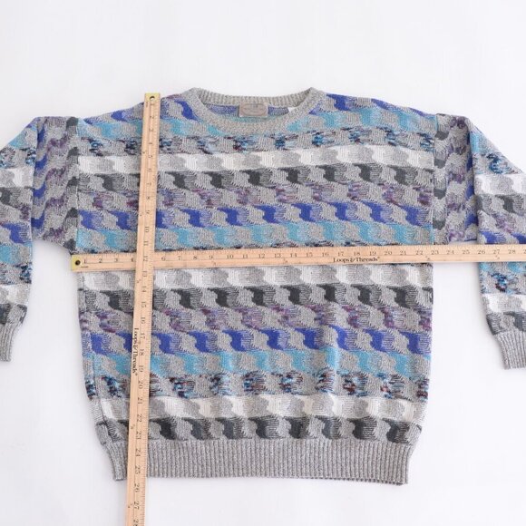 Pronto-Uomo Gray Blue Hounds Tooth Eclectic Grandpa Fine Knit Crew Neck Sweater - Picture 3 of 9
